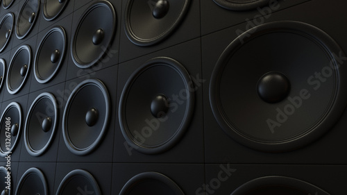 Large arrangement of modern black amplifiers. This image is 3d illustration.