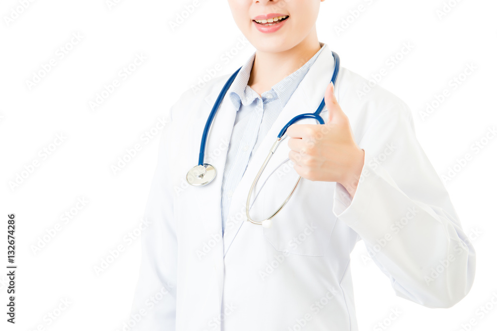 Smiling asian doctor woman with stethoscope show thumb up Smiling asian doctor woman with stethoscope show thumb up
