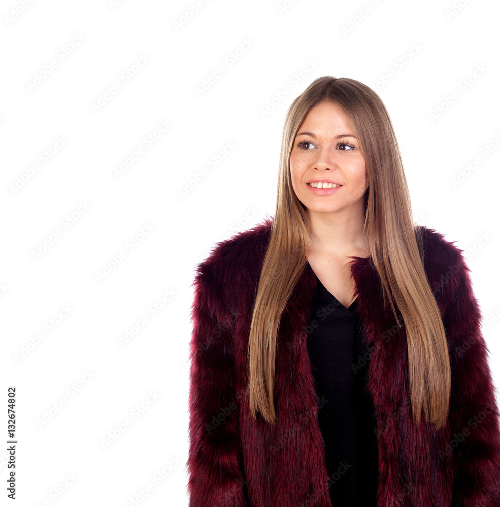 Attractive blonde woman wearing a red fur coat Attractive blonde woman wearing a red fur coat