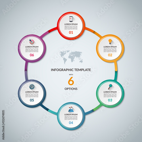 Infographic circle with 6 options. Round chart for business infographics with the set of flat icons and design elements. Can be used for web, diagram, chart, graph, report, step options.