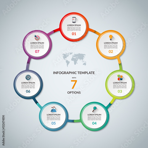 Infographic circle with 7 options. Round chart for business infographics with the set of flat icons and design elements. Can be used for web, diagram, chart, graph, report, step options.