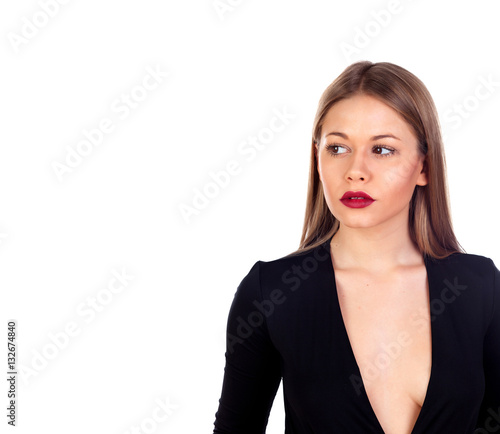 Stylish girl dressed in black with red lips