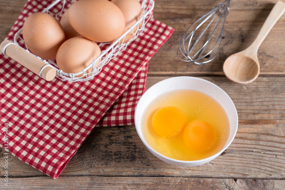 Egg yolk for cooking on white bowl. Selective focus. Egg yolk for cooking on white bowl. Selective focus.