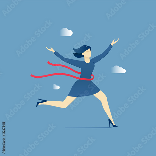 Business woman crosses a finish ribbon