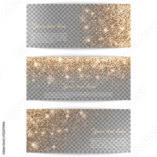 Set of horizontal banners with golden light on a transparent background
