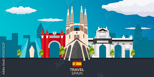 Travel to Spain skyline. Sagrada Familia. Vector flat illustration.