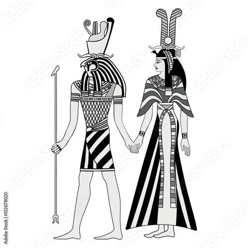 Vector illustration of Egyptian national drawing. Goddess Isis and Queen Nefertari.