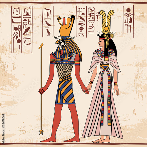 Vector illustration of Egyptian national drawing. Goddess Isis and Queen Nefertari. Color drawing.
