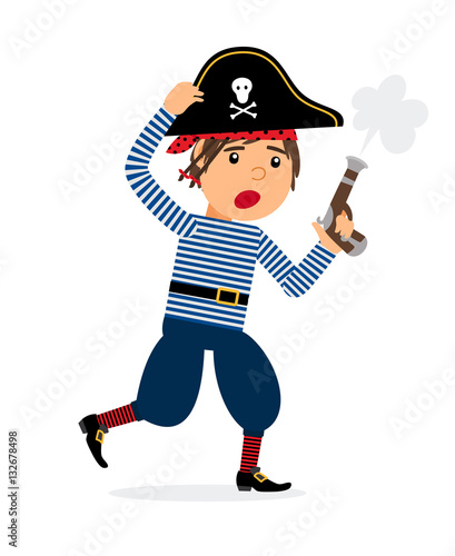 Pirate cartoon character with pistol running. Vector icon on white background