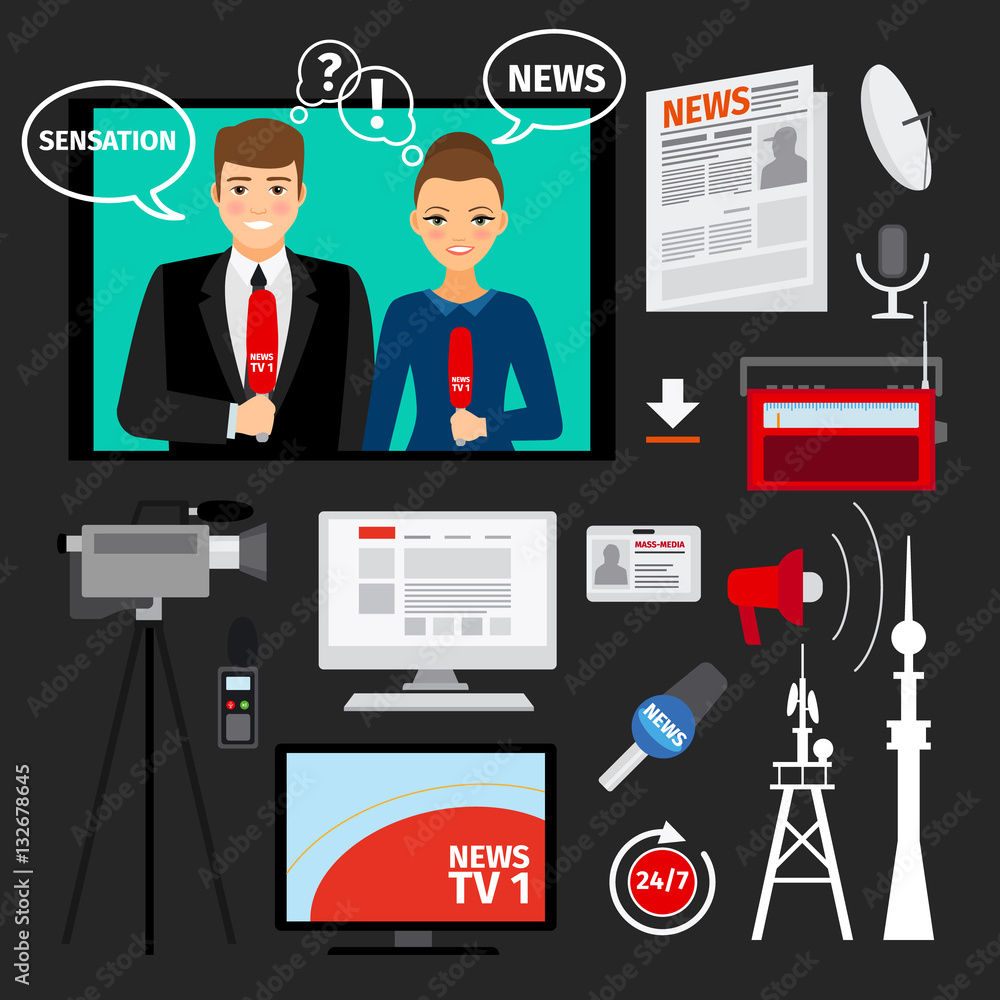 News concept illustration with television and newspapers ftal elements. Mass media vector concept