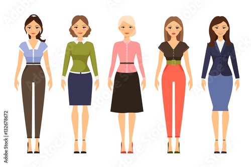 Woman dresscode vector illustration. Beautiful women in different outfits icons on white background
