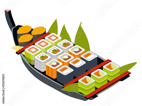 Set of different sushi and sashimi in a wooden boat. Asian food. Flat Isometric style illustration.