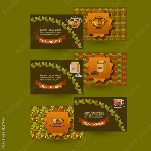Vector template tea House business cards with icons
