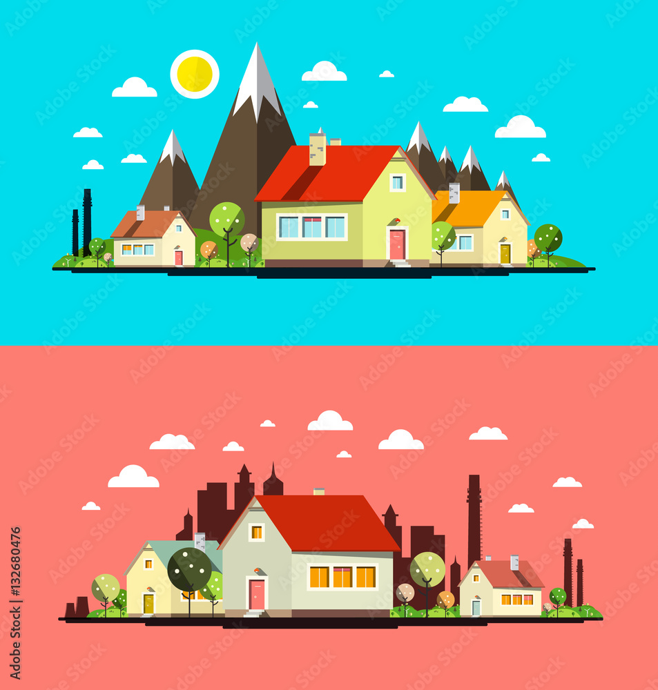 Flat Design City Set. Abstract Towns with Houses.