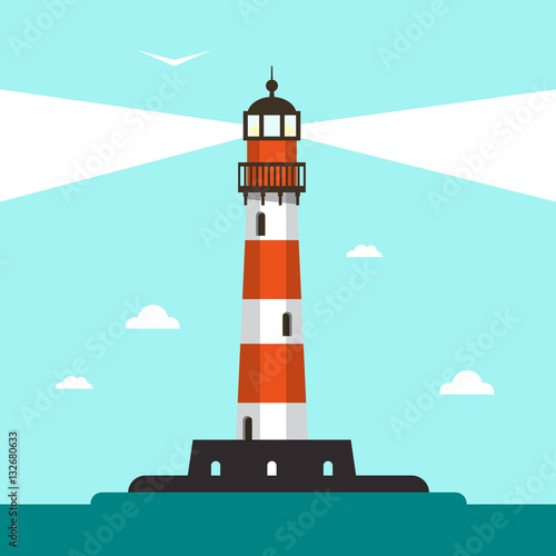 Flat Design Lighthouse Illustration with Sea and Blue Sky