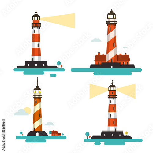 Flat Design Lighthouse. Vector Lighthouses Set Isolated on White Background.
