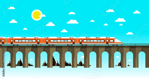 Moder Train on Old Bridge Over Sea. Flat Design Nature Scene. Abstract Vector Landscape.