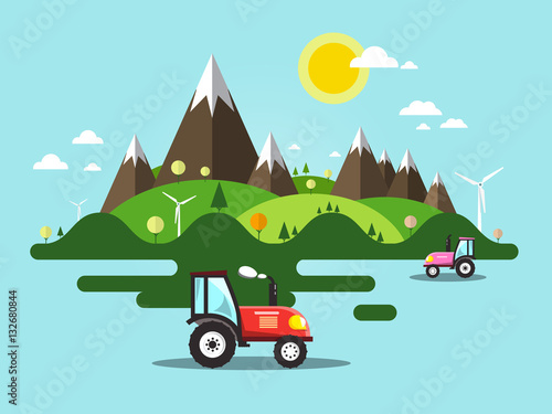 Flat Design Vector Landscape with Tractor on Field, Mountains and Hills. Ecology Farm. Nature Scene.