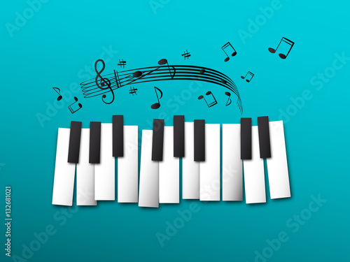 Piano Keys, Music Notes on Blue Background