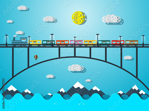 Train on Bridge Over Sea or River