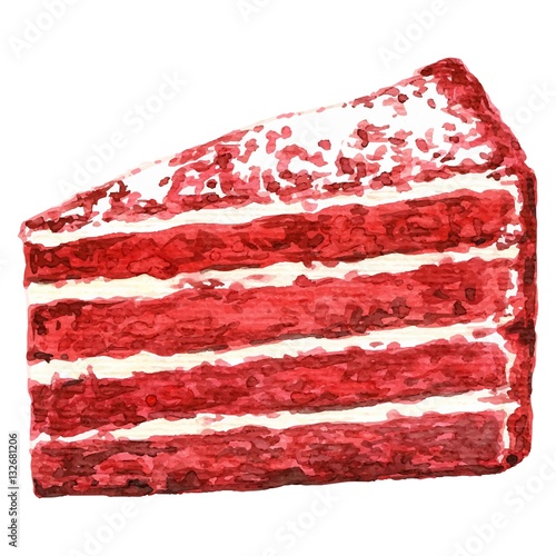 Hand drawn watercolor delicious red velvet sponge layered cake, realistic food vector illustration, isolated on white background.