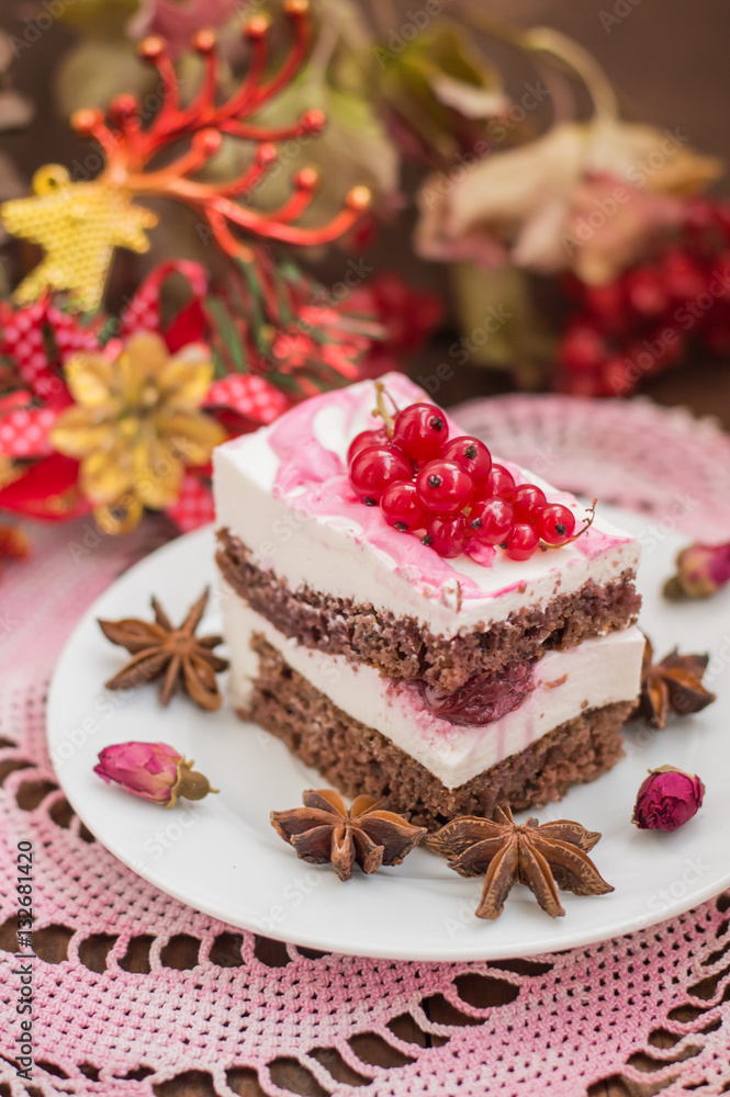 custom made wallpaper toronto digitalCherry sponge cake with cream and red currant. Wooden background. Top view. Close-up