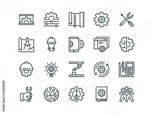 Engineering. Set of outline vector icons. Contains such as Manufacturing, Engineer, Tool, Production, Settings and more