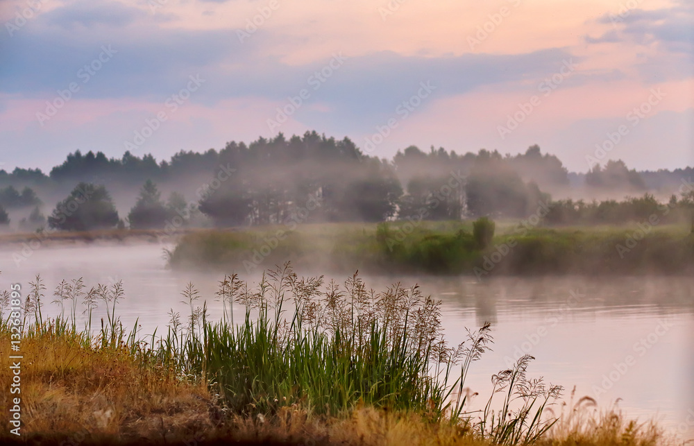 Foggy river in the morning. Misty dawn at summer. Misty morning