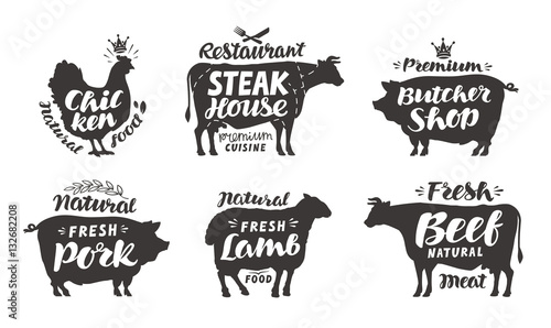 Farm animals icons set. Collection of labels with beautiful letterings such as chicken, beef, pork, lamb, butcher shop, steak house. Vector illustration