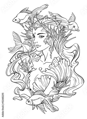 Illustration of mermaid princess with curled hair, decorated with seashell elements, and goldfishes. Black and white, anti-stress. Adult coloring books.