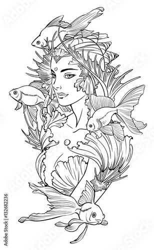 Illustration of mermaid princess with goldfishes and seashell elements. Black and white, anti-stress. Adult coloring books.
