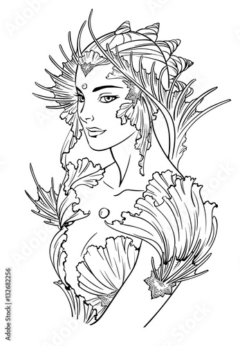 Illustration of mermaid princess decorated with seashell elements. Black and white, anti-stress. Adult coloring books.