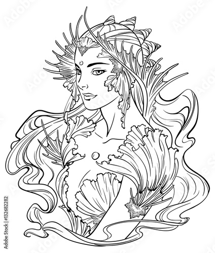 Illustration of mermaid princess with curled hair, decorated with seashell elements. Black and white, anti-stress. Adult coloring books.