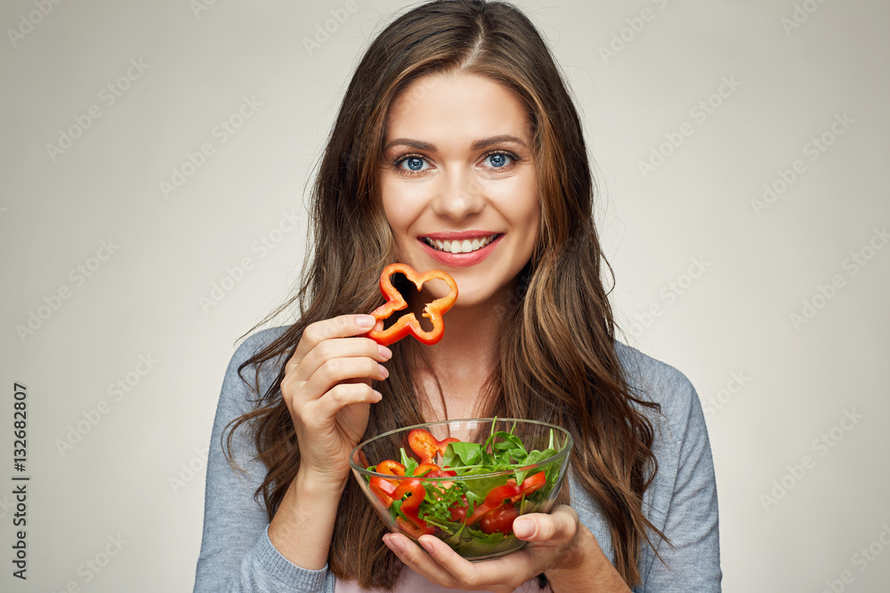 face close up portrait of happy woman eating salad.