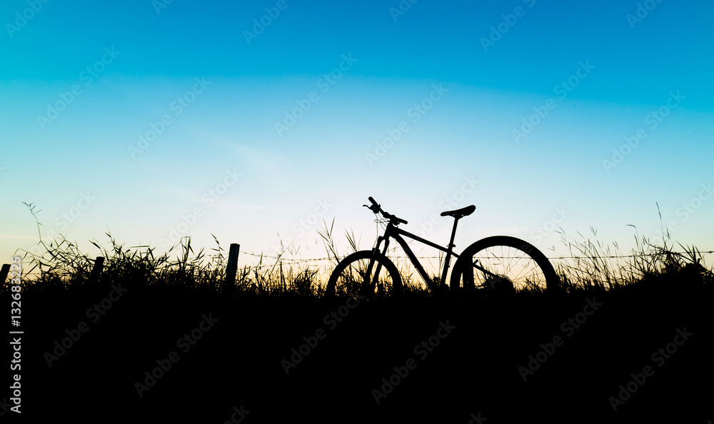 Silhouette mountain bicycle and fields on blue sky
