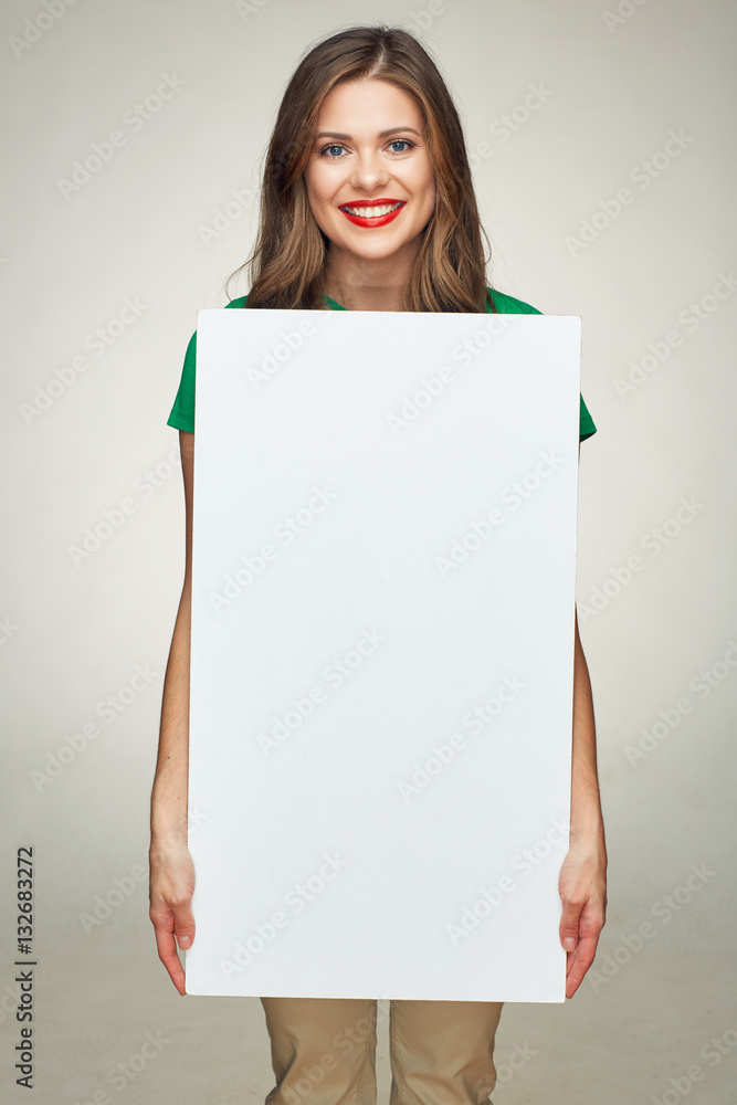 young woman holding sign business board. young woman holding sign business board.