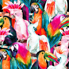 Handdoek met foto Papegaai patronen Aquarel papegaaien naadloos patroon  © Tanya Syrytsyna