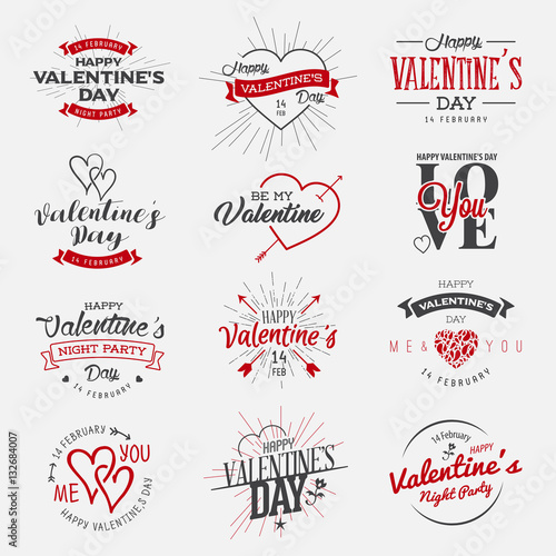 Valentines day labels. Vintage love stickers. Happy Valentines day hand drawn lettering poster, card, banner design. Vector graphics set.