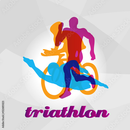 Color flat logo triathlon. Vector figures triathletes