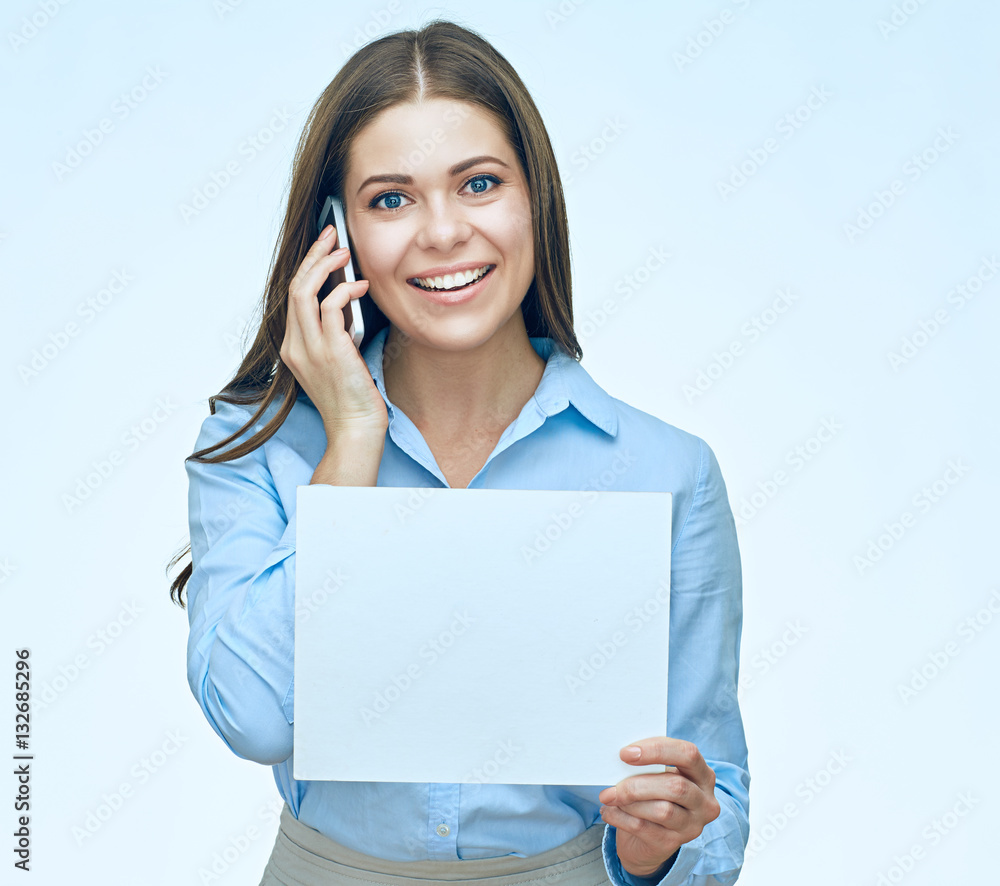 Business woman using smartphone holds white banner. Business woman using smartphone holds white banner.