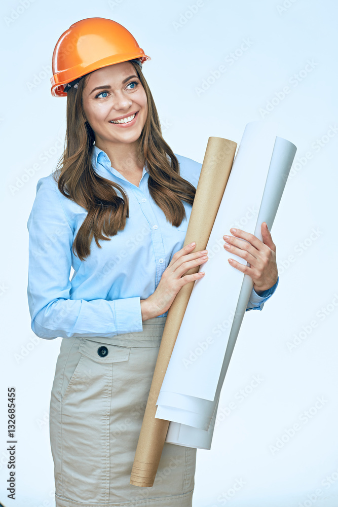 Smiling architect business woman with blueprints isolated portra Smiling architect business woman with blueprints isolated portra