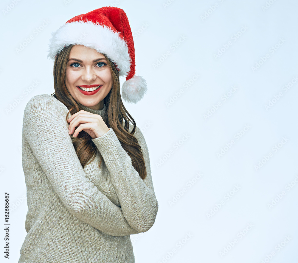 Smiling woman portrait with christmas hat. Smiling woman portrait with christmas hat.