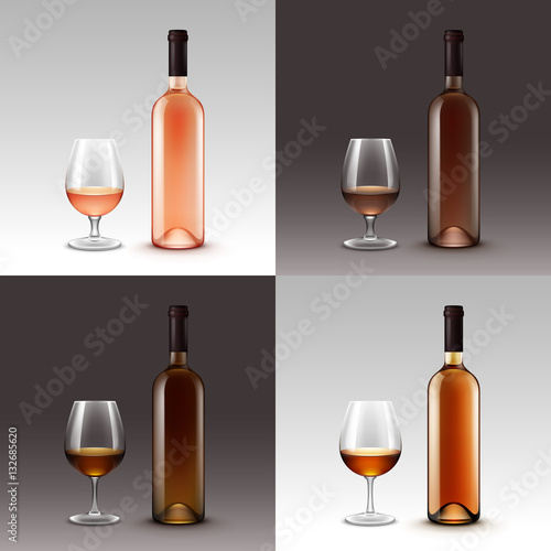 Vector Set of Wine Bottles and Glasses Isolated on Background