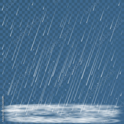 Autumn nature cold storm weather abstract background. Falling rain shower, splashes and puddles vector illustration