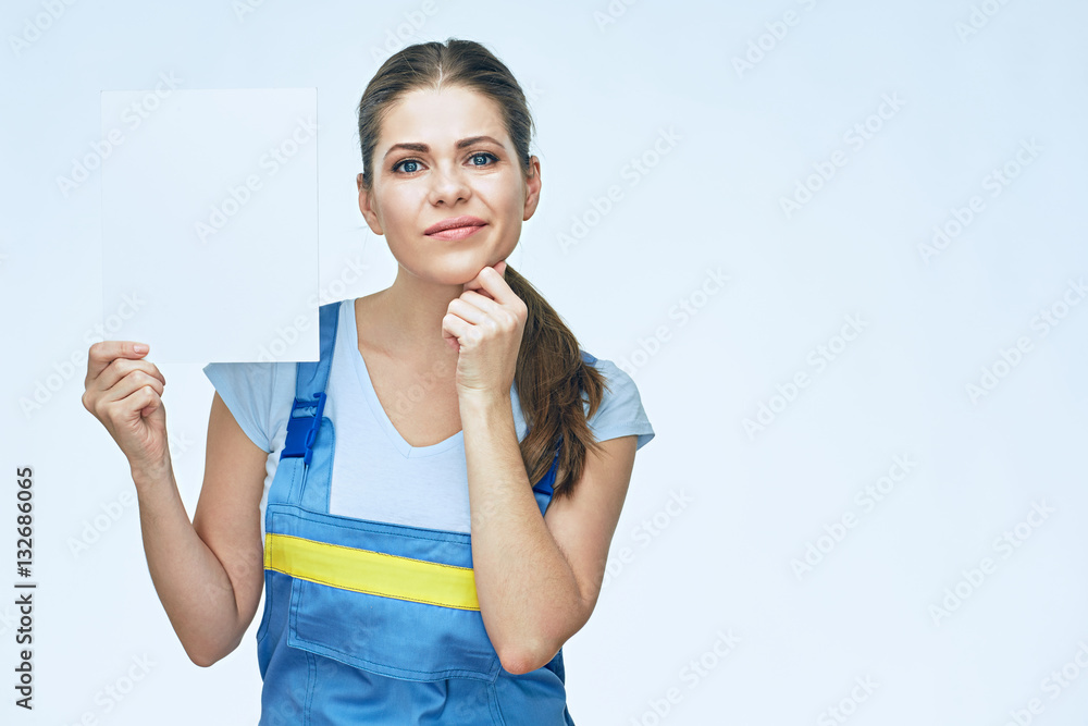 Surprising woman builder portrait with white banner Surprising woman builder portrait with white banner
