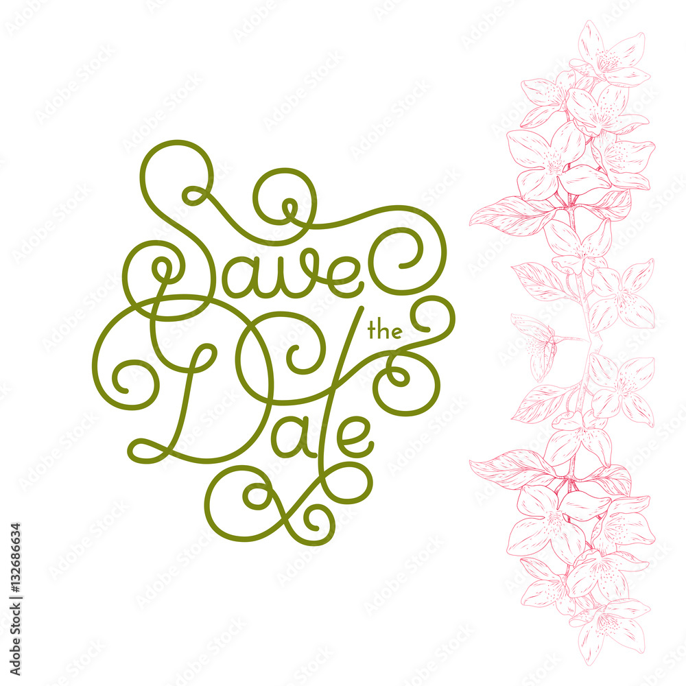 Holiday gift card with hand lettering Save the Date and bloom silhouette Holiday gift card with hand lettering Save the Date and bloom silhouette