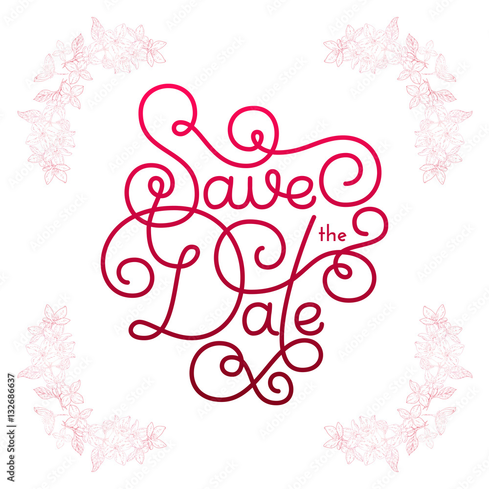Holiday gift card with hand lettering Save the Date and bloom silhouette Holiday gift card with hand lettering Save the Date and bloom silhouette