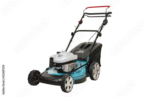 Isolated Blue Petrol Lawn Mower. Wheel Drive 4-stroke Petrol Blue Lawn Mower