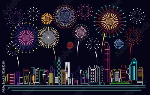 Cityscape Building Line Hong kong city and firework Vector Illustration design