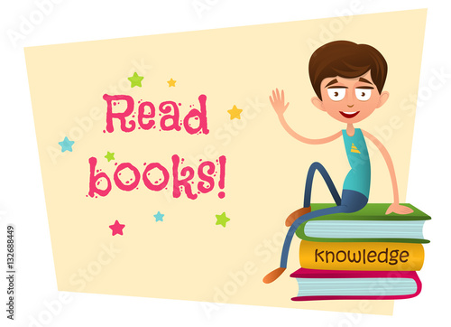 Read books. Banner. Cute boy teenager sitting on a pile of books and waving. flat style vector illustration isolated on white background. Smart kid.